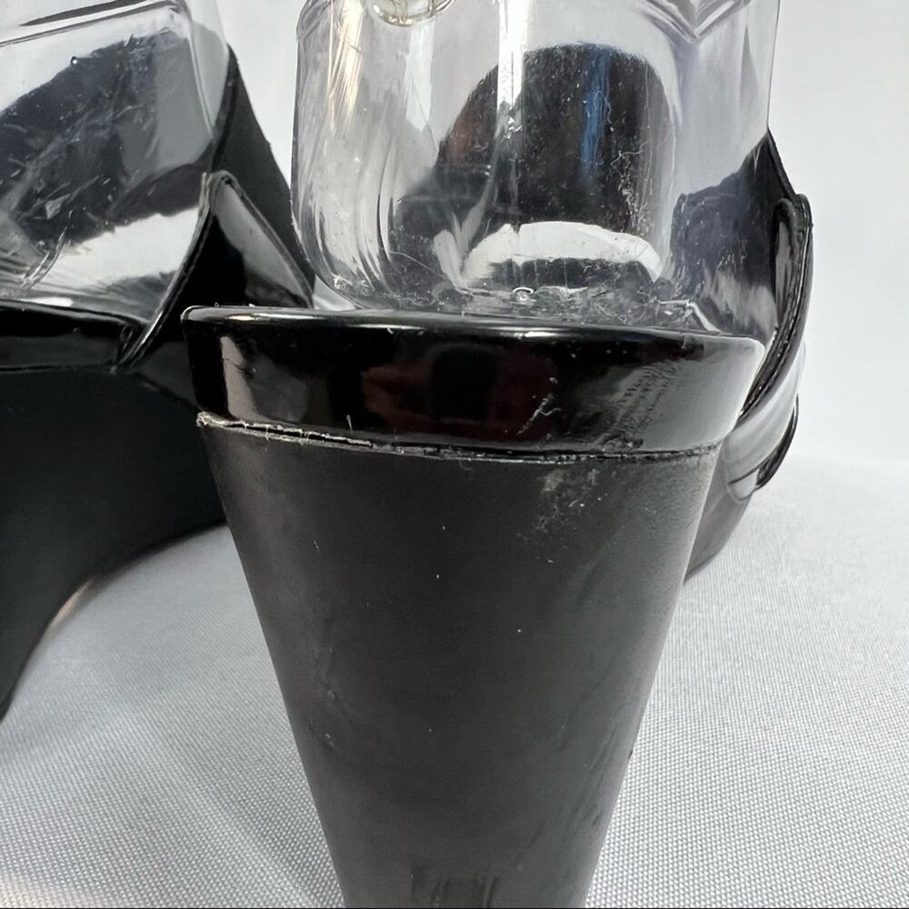 Chaps Rhoda black patent leather stretch slide on wedge open toe heel sandals 9 - Picture 6 of 7